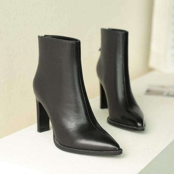 

boots 2021 fashion women's autumn statement ankle black genuine leather pointed toe high heel office lady shoes