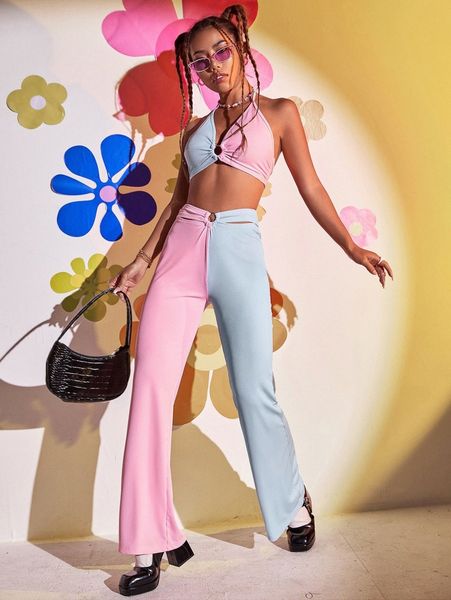 

two tone o-ring tie backless crop halter & cut out flare leg pants r6g4#, White