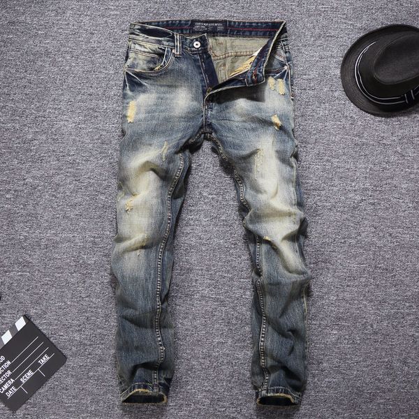 

2021 new italian style fashion retro yellow wash men slim denim pants streetwear designer homme wtet, Blue