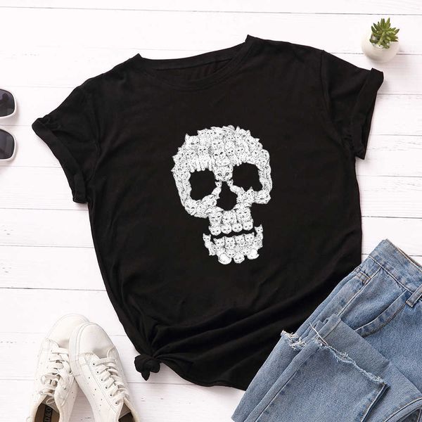 

women's spoof skull round neck short sleeve t-shirt, White;black