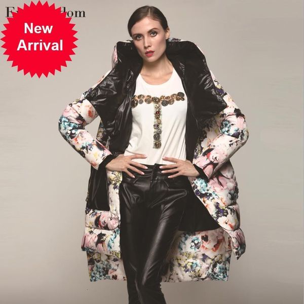 

s-2xl 90% duck fashion brand hooded asymmetric long down jacket female printed slim thicker warm coat wj2713, Black