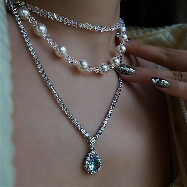 

chains multi-layer stacking pearl crystal colorful shiny water droplets zircon luxury necklace for women trendy jewelry huanzhi 2021, Silver