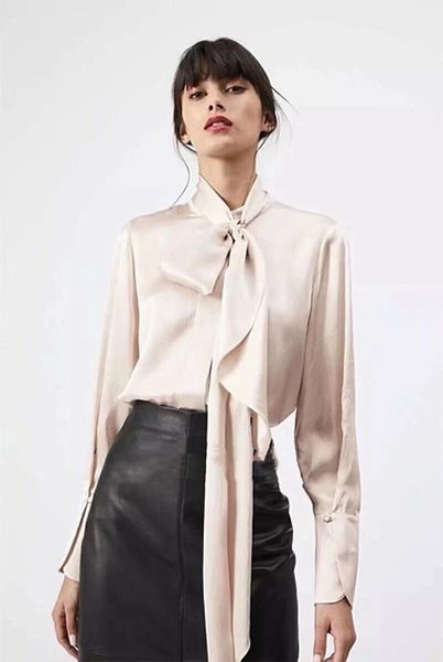 

women's blouses & shirts women shirt pearl satin oversized ribbon silk long sleeve 100%, White