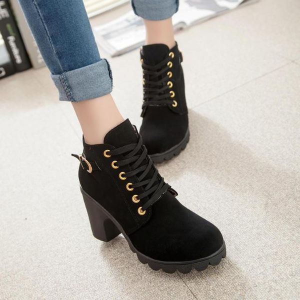 

boots 2021 autumn and winter thick heel high women lace belt buckle ankle, Black