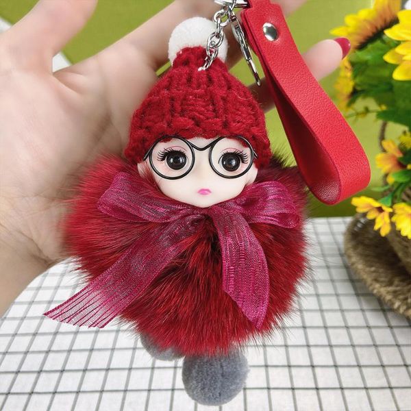 

keychains big eye baby car keychain real fur fluffy plush pendant for women girl bag phone and cars key ring decoration accessories, Silver