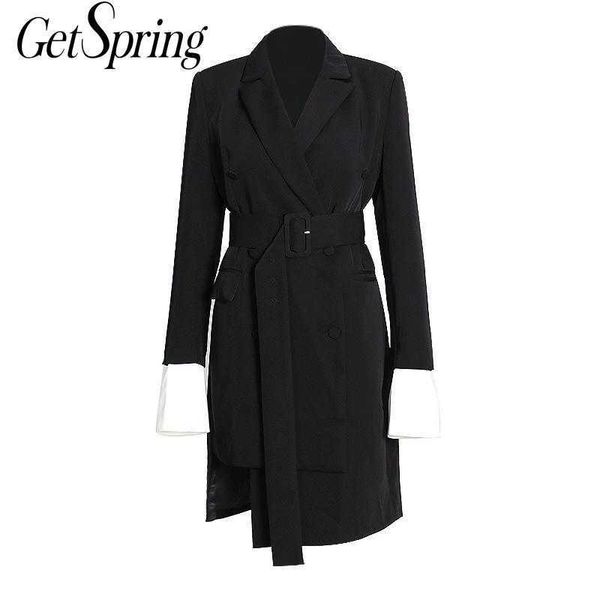 

getspring women dress detachable cuff notched black belt irregular long es temperament vintage ladies es spring 210601, Black;gray