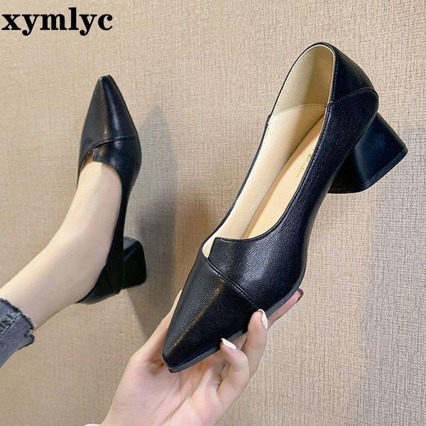 

dress shoes women leather pumps med chunky square heel pointed toe slip on party office daily weekly cozy all match, Black