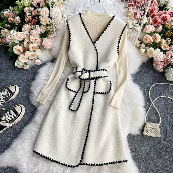 

two piece dress 2021 elegant ladies suit half high neck knitted all-match bottoming shirt + mid-length mink fur vest fashion two-p, White