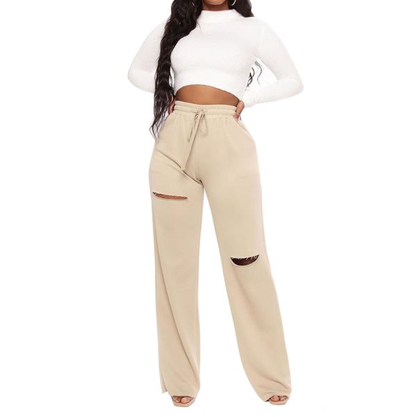

women fashion baggy sport wide leg pants joggers sweatpants casual high waist drawstring solid hole straight trousers, Black