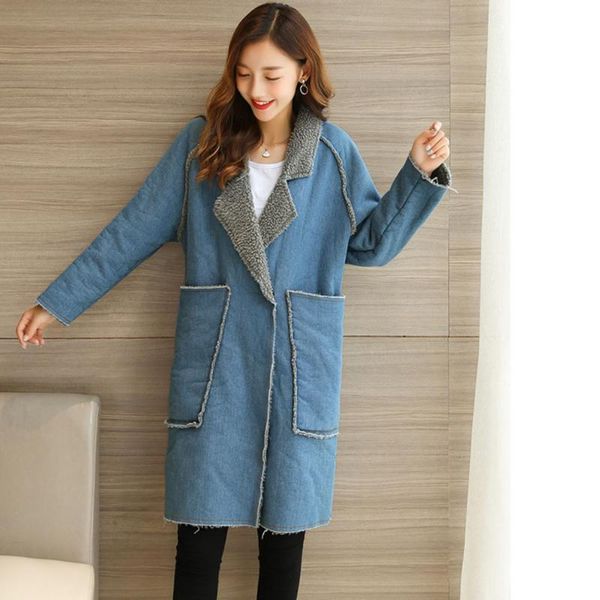 

women's jackets korean style loose denim coat jacket mid-long velvet thick solid color overcoat turn-down collar pocket decor women, Black;brown