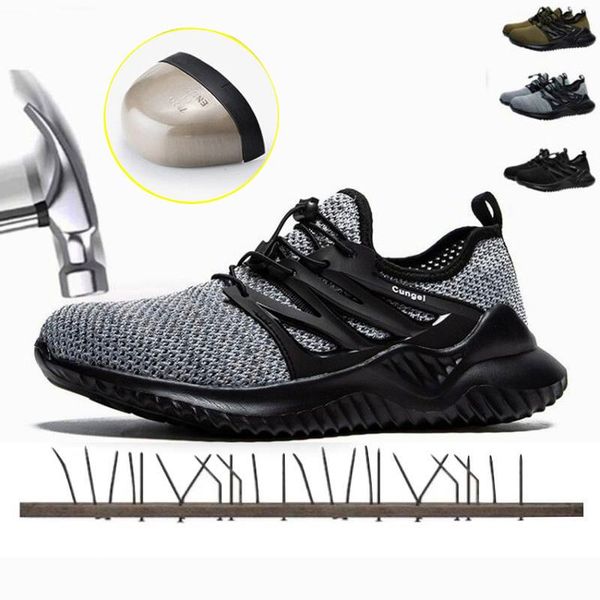 

boots men's steel toe safety shoes casual breathable outdoor work women anti piercing construction industrial, Black