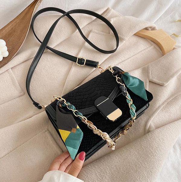 

factory wholesale women bag elegant atmosphere crocodile leather shoulder bags trend scarf chain handbag embossed leathers shoulders handbag, Black;red