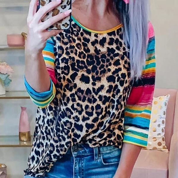 

leopard t shirt women three quarter 2021 fashion autumn t-shirt striped sleeve tee shirts female loose tee, White