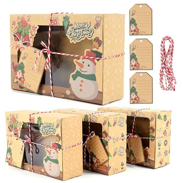 

gift wrap 3pcs merry christmas candy cookies boxes with clear window snowman kraft paper box for xmas year packing decor bag