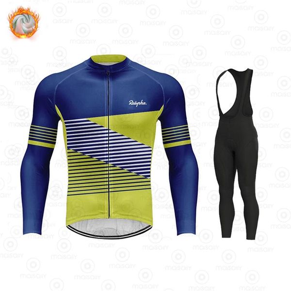 

racing sets 2021 ralvpha winter thermal fleece cycling jersey set men's outdoor riding mtb ropa ciclismo bib pants warm clothing, Black;blue