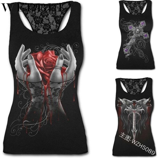 

women summer slim fit tank sleeveless o neck hollow out skull 3d print shirt drop shipping, White