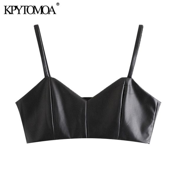 

kpytomoa women 2021 fashion faux leather cropped tank vintage v neck side zipper wide straps female camis chic 210308, Black