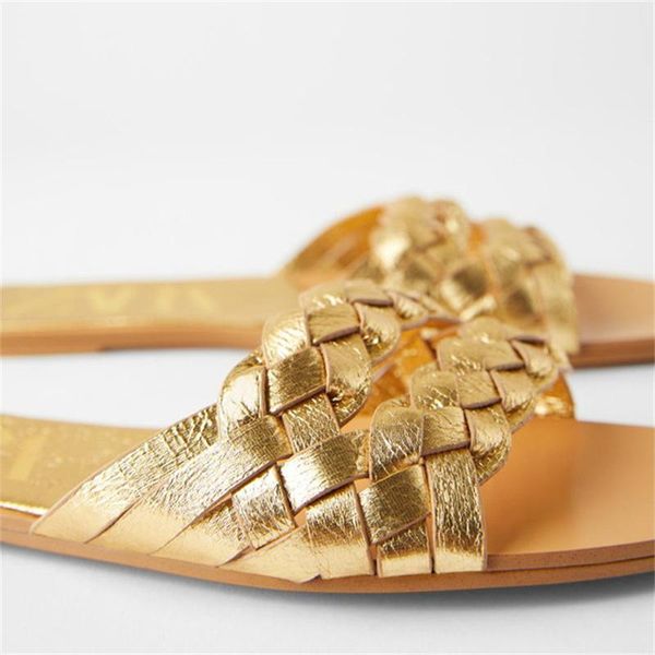 

slippers zarn women's shoes 2021 summer gold square toe woven metal flat, Black
