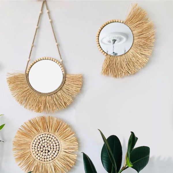 

mirrors round rattan hanging mirror moroccan style straw wood beads pendant decorative sofa background ornament