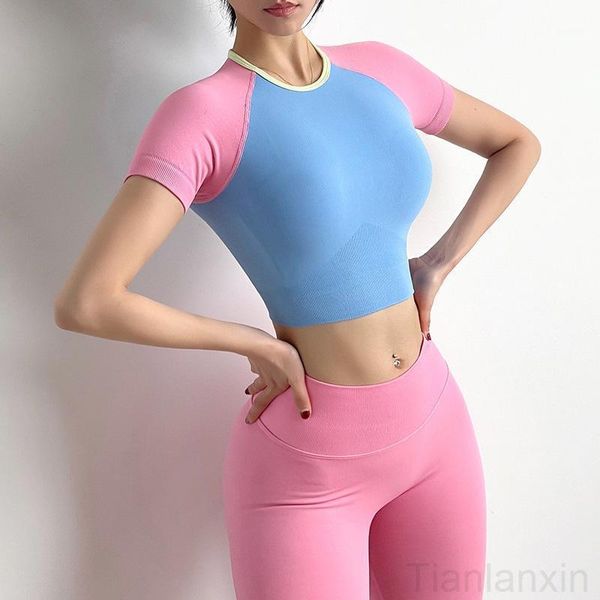 

yoga outfit women's gym sports macarons color fitness set tight-fitting short-sleeved t-shirt two-piece workout spor