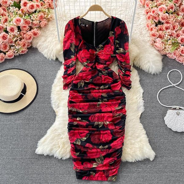 

casual dresses women floral draped bodycon dress spring autumn square collar long sleeve high waist pleated party robe female vestidos, Black;gray