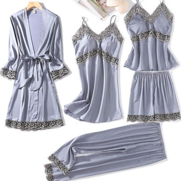 

women's sleepwear lace trim 5pcs pajamas suit lady kimono bathrobe gown intimate lingerie satin nightwear spring autumn pyjam, Black;red