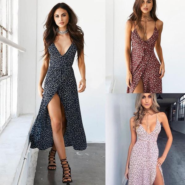 

casual dresses leosoxs 2021 summer fashion deep v neck spaghetti straps backless women's dress boho floral print split lady midi, Black;gray