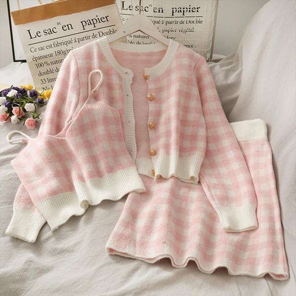 

sweet plaid three piece women skirts o neck single breasted long sleeved loose sweater with short strap two set skirt, Black