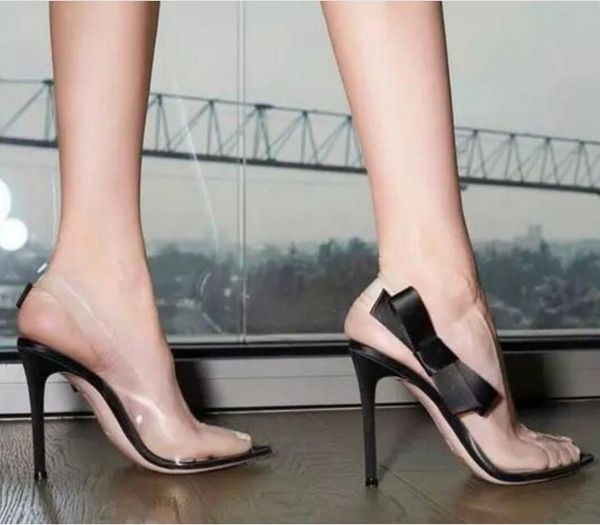 

sandals heel woman summer transparent bow high, Black