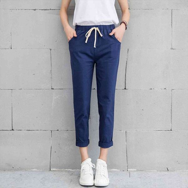 

summer autumn harem cotton women pants linen solid elastic waist candy colors trousers soft for female ladys pant, Black;white
