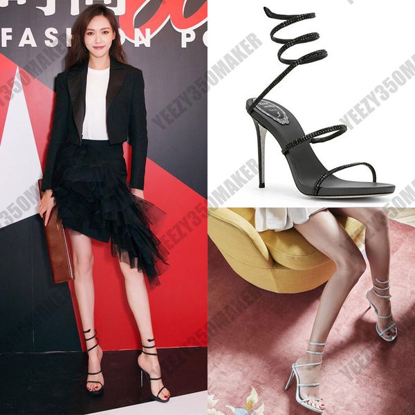 

2020 8cm 10cm stiletto high heel rene caovilla crystal karung rose gold snakelike twining rhinestone sandals women summer thick heels, Black