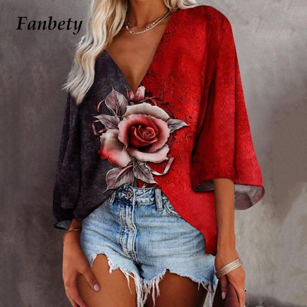 

women's blouses & shirts rose flower print blouse shirt 2021 autumn women flare long sleeve loose pullover spring deep v neck holl, White