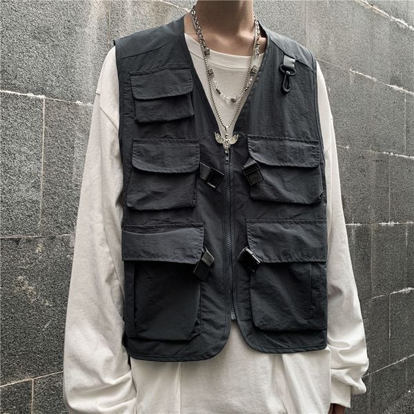 

2021 new autumn korean style men's fashion solid color multi-pocket tooling men streetwear loose mens vest jacket m-xl mkxy, Black;white