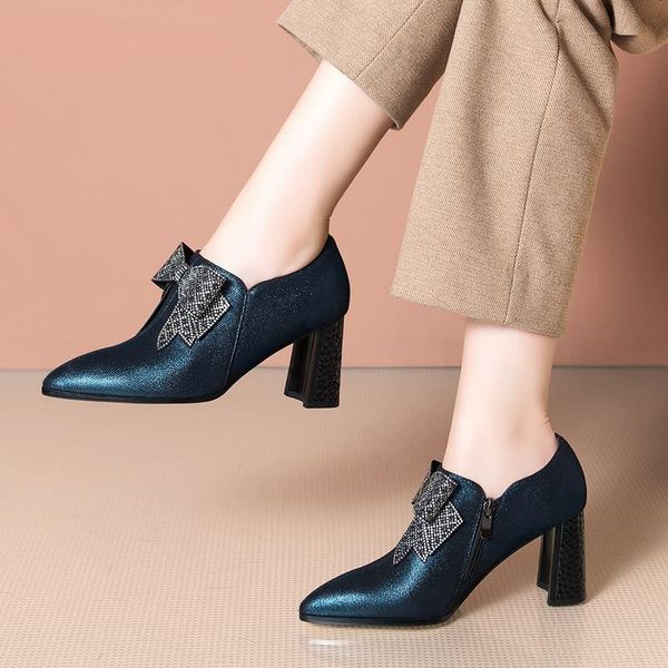 

dress shoes size 33-42 bow design classic blue sheepskin real genuine leather women heels spring fashion brand ladies high heel, Black