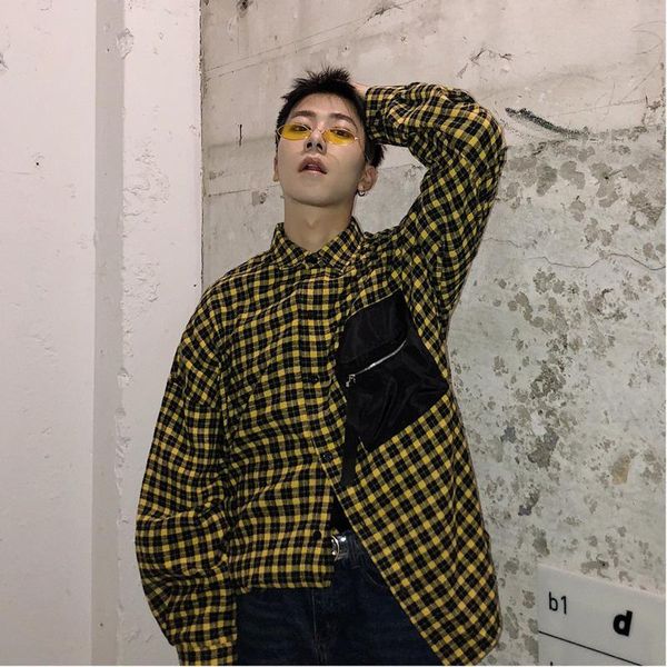 

men's casual shirts plaid shirt men fashion loose wild long-sleeved man autumn streetwear hip hop male clothes high quality, White;black