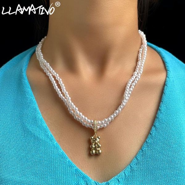 

chains korean cute zircon bear double layer pearl choker necklace for women colorful resin gummy pendant necklaces y2k jewelry, Silver