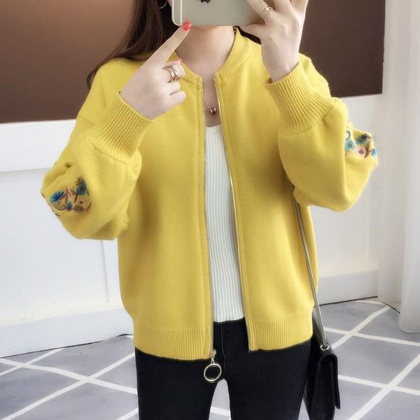 

autumn winter women cardigan warm knitted sweater jacket pocket embroidery fashion knit cardigans coat lady loose sweaters, Black;brown