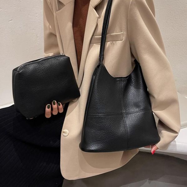 

evening bags casual patchwork hobo shoulder for women 2021 quality soft leather ladies bucket bag 2 pie/set female composite handbag