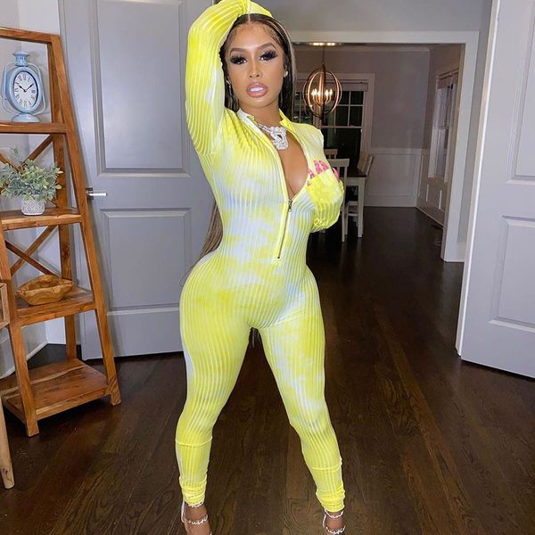 

women tie dye ribbed jumpsuit casual zipper high elasticity long sleeve workout skinny pants jumpsuit female 2020, Black;white