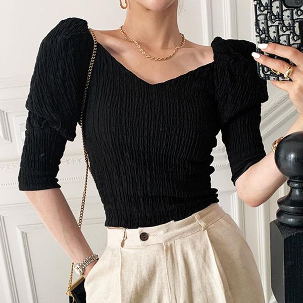 

women's blouses & shirts simple slim fit v neck elegant blouse women korean style summer 2021 pullover woman office lady blusas mujer, White