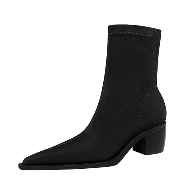 

boots {d&henlu}spring autumn stretch shoes women's mid-calf square heels slim fashion zipper, Black