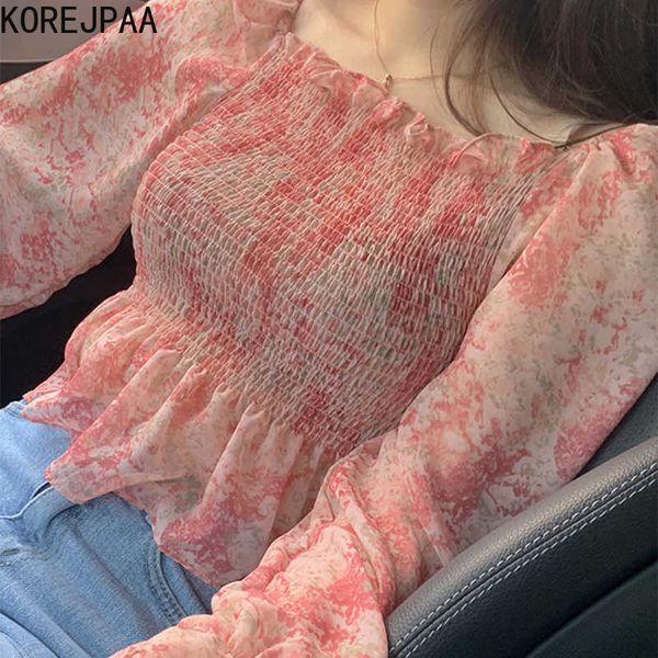 

korejpaa women shirt summer korean chic girls gentle sweet wooden ear stitching pleated flared sleeve chiffon floral blouse 210526, White