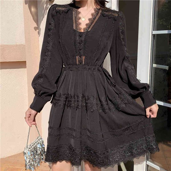 

casual dresses autumn women lace fashion long sleeve deep v-neck backless vintage boho floral drawstring party mini dress o8nr, Black;gray
