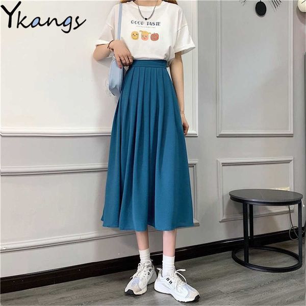 

vintage solid color pleated skirts for students japanese women harajuku high waist long skirts korean wild simple casual loose 210619, Black