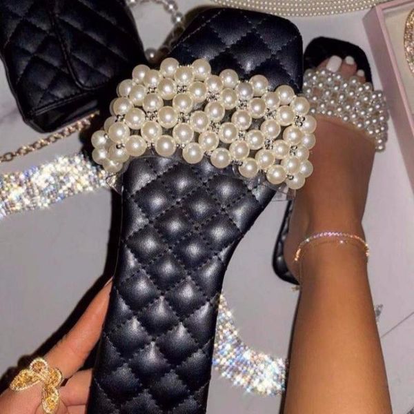 

fashion 2021 summer design ladies slippers sandals pearls open toe flat heel women slides beach zapatillas mujer casa, Black