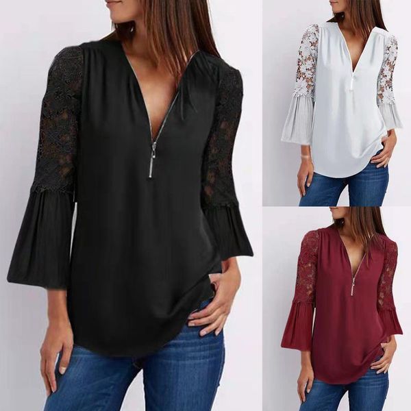 

women's blouses & shirts womens v-neck women blouse long sleeve collar zipper color lace fold casual solid femme, White