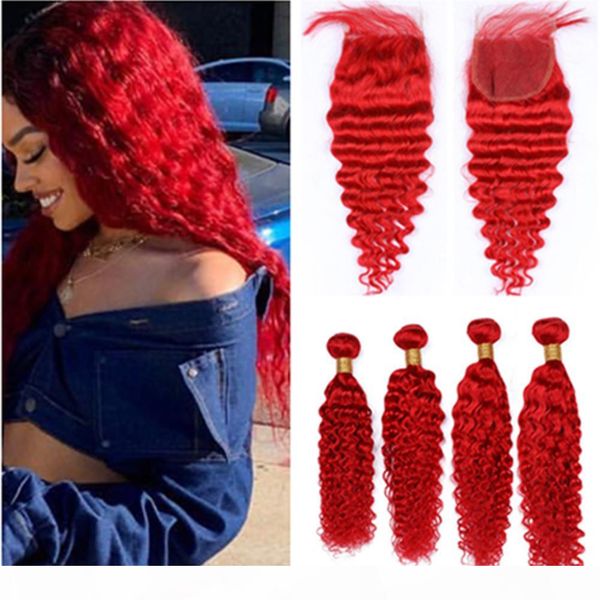 

pure red deep wave human hair 4bundles with closure bright red brazilian hair with closure red color hair bundles with lace closure 4x4, Black;brown