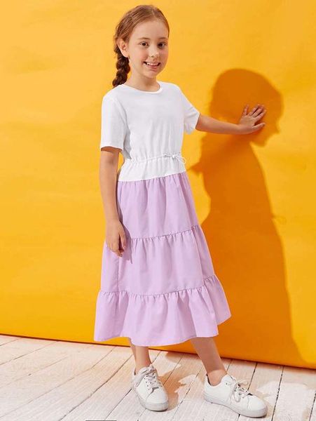 

girls drawstring waist two tone dress she, Red;yellow