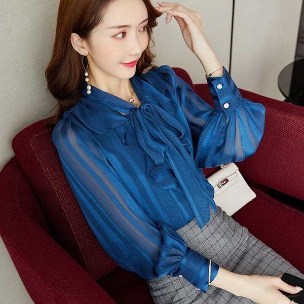 

women spring summer style chiffon blouses shirts lady casual long sleeve bow tie collar ruffles blusas df4001 210609, White