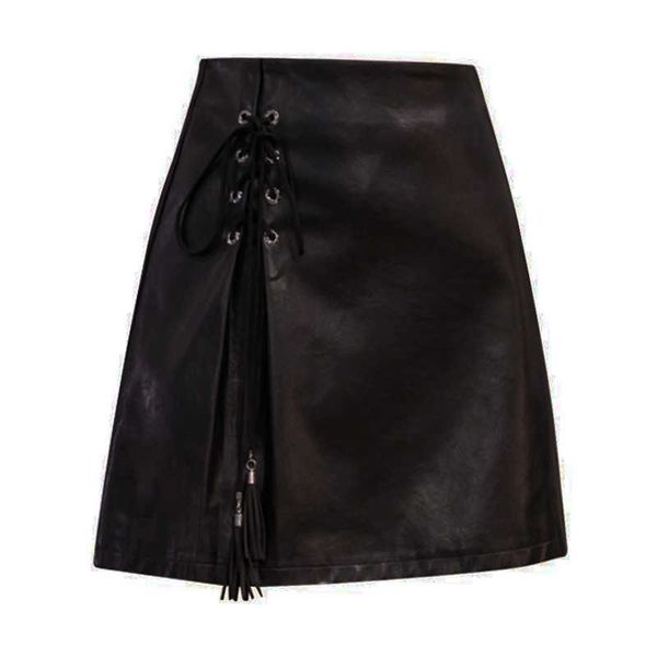 

perhaps u pu leather skirt women a-line black high waist autumn mini skirt lace-up tassel s0087 210529